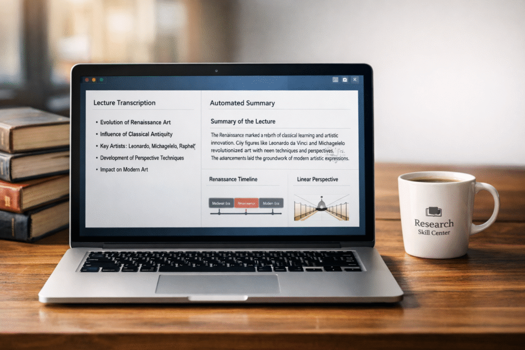 Modern laptop on a university desk showing AI-generated lecture notes and academic study guides.