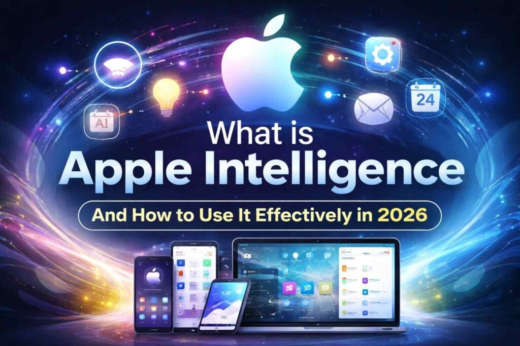 Futuristic Apple Intelligence 2026 dashboard on iPhone, iPad, and Mac with AI icons, smart automation, and glowing digital interface
