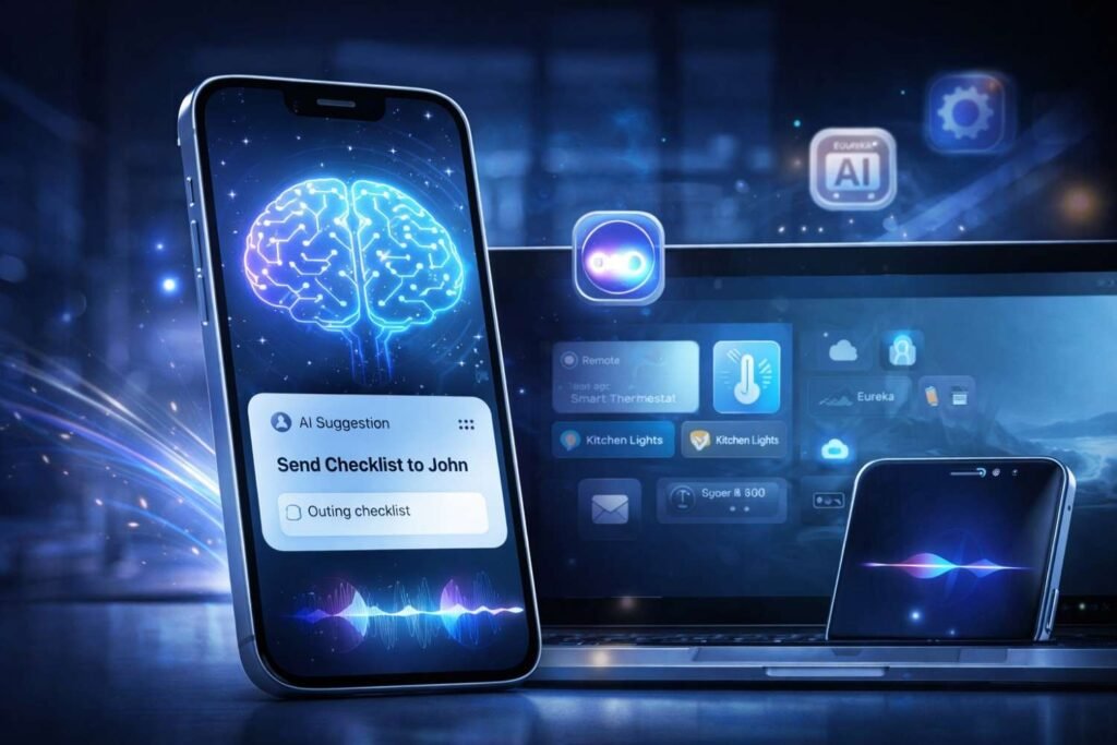 Apple iPhone and Mac showing futuristic Apple Intelligence AI features with digital brain, Siri icons, and smart automation