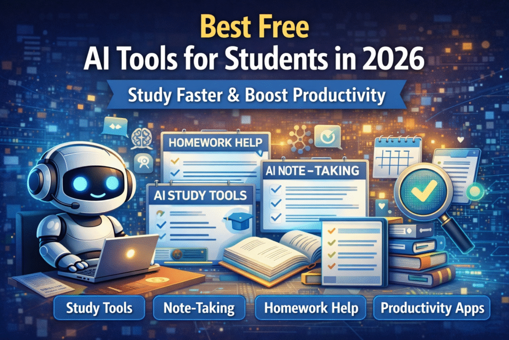 Student in university library using laptop and iPad with AI study notes, wearing headphones, soft warm lighting.