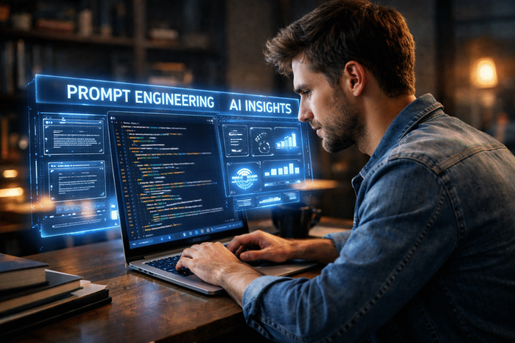 AI prompt engineering expert working on laptop with futuristic holographic AI insights in a modern study environment