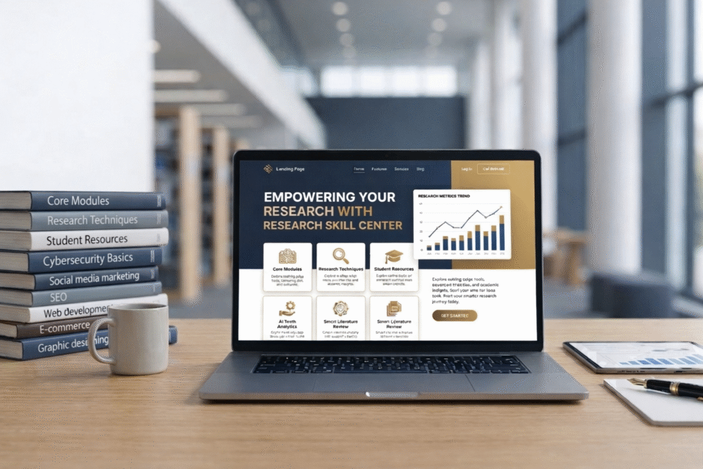 Professional digital workspace for Research Skill Center featuring AI tools on a laptop and academic books.