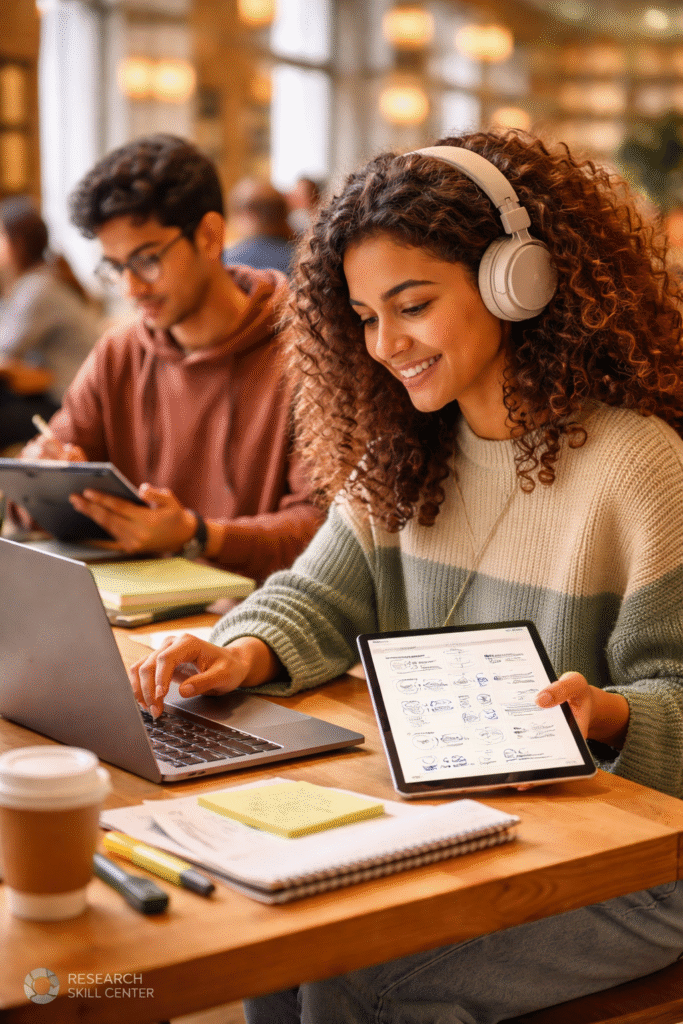 Two students with curly hair in a busy university library, one typing on a laptop and the other holding a tablet with AI-converted notes, wearing headphones, surrounded by study materials, warm aesthetic lighting.