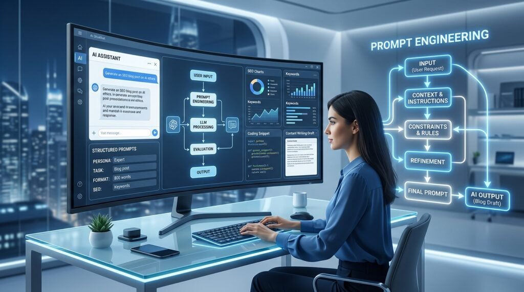 AI Prompt Engineering guide with AI prompts, workflows, and chatbot interface
