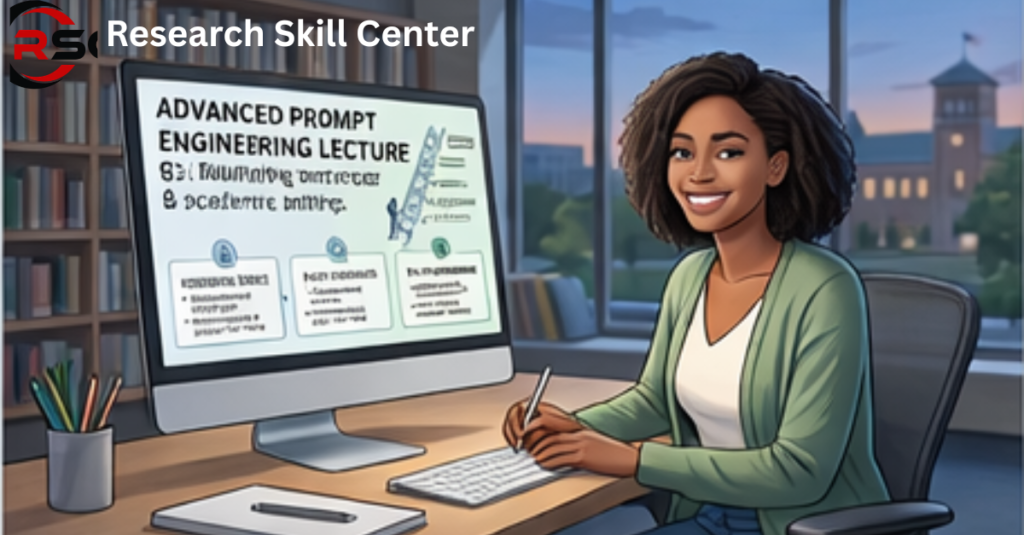 Female student studying advanced prompt engineering for technical and academic writing at Research Skill Center