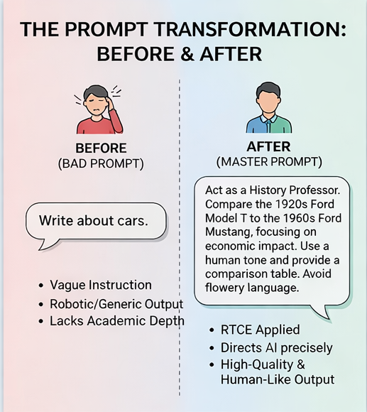 Comparison infographic showing a vague bad prompt versus a structured master prompt using RTCE framework