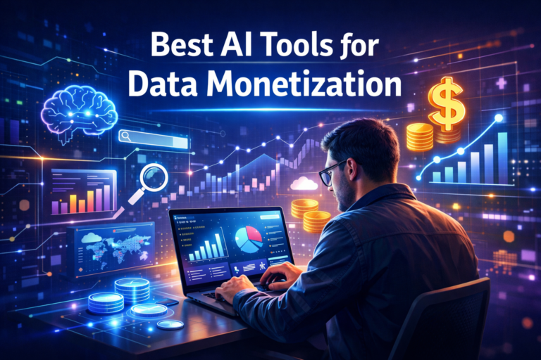 AI research assistants analyzing data with digital charts and monetization icons