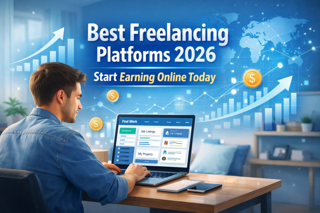 Young professional working on laptop in modern home office showing freelancing dashboard, with growth charts and text “Best Freelancing Platforms 2026 – Start Earning Online Today