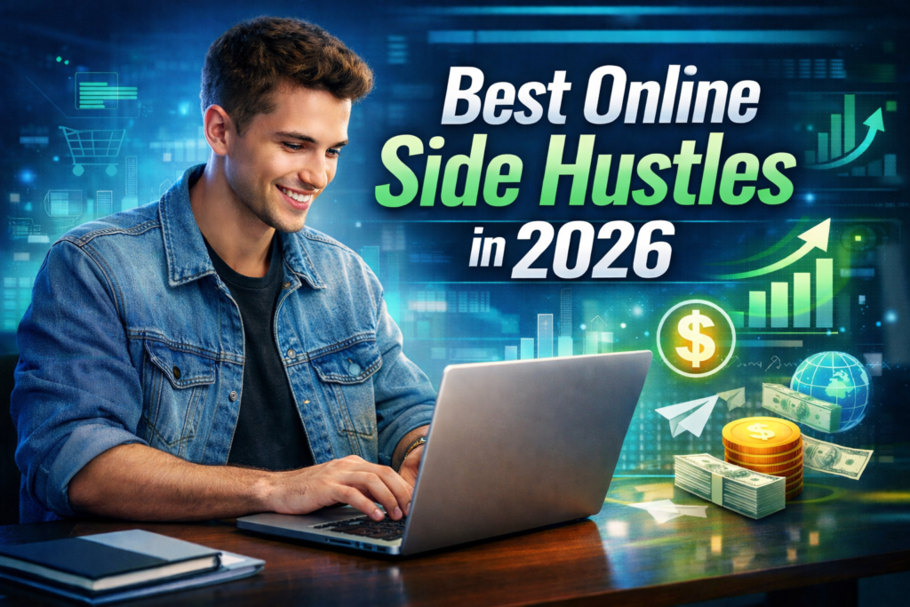 Young person working on laptop with digital money icons and growth charts showing best online side hustles in 2026