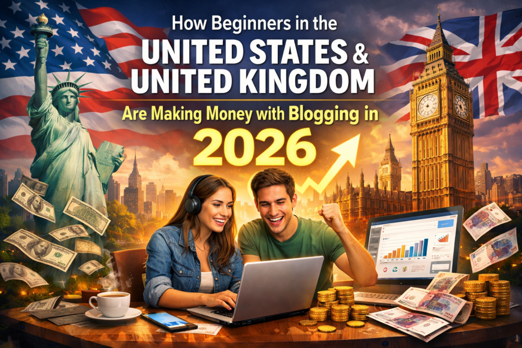 A digital marketing and blogging success concept showing beginners from the United States and United Kingdom earning money online in 2026, with laptops, charts, cash, and iconic landmarks like the Statue of Liberty and Big Ben in the background.
