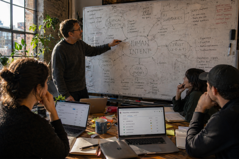 Candid team brainstorming session in a modern workspace with a whiteboard showing human intent, topical depth, AI summaries, and trust E-E-A-T strategy