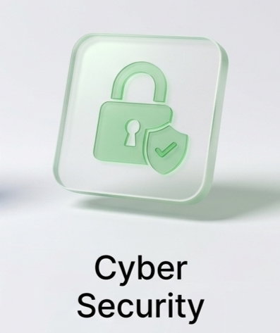 Secure 3D green padlock icon on a frosted glass panel representing cyber security and data protection services.