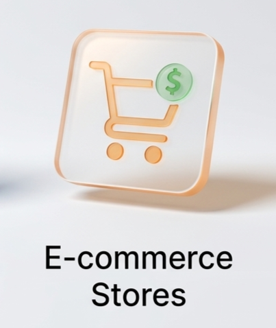 Transparent 3D shopping cart icon with a green dollar sign for e-commerce website setup and monetization services.