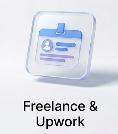 Minimalist 3D glass icon of a professional freelancer profile badge and Upwork identity for remote work services.