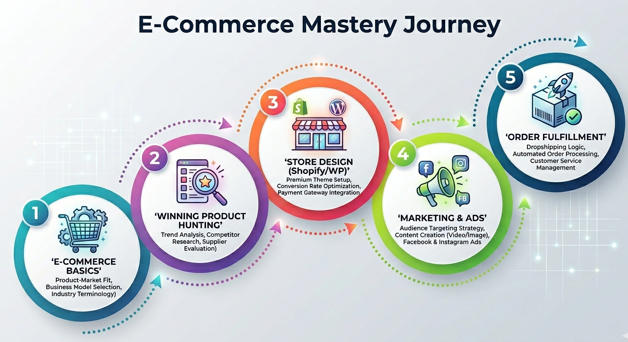 A futuristic 5-step E-commerce Mastery Journey roadmap for Research Skill Center covering basics, product hunting, store design, marketing, and fulfillment.