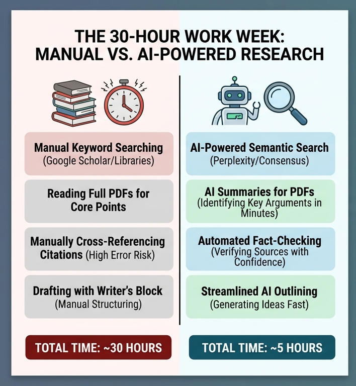 Infographic comparing 30-hour manual research with 5-hour AI-powered research efficiency 2026