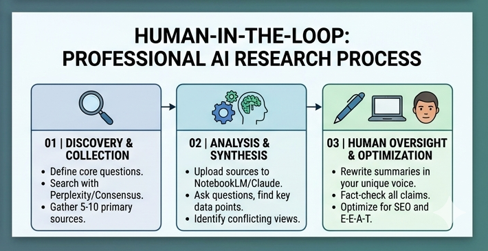 AI research tool stack diagram featuring Perplexity AI, Consensus, Claude, and NotebookLM