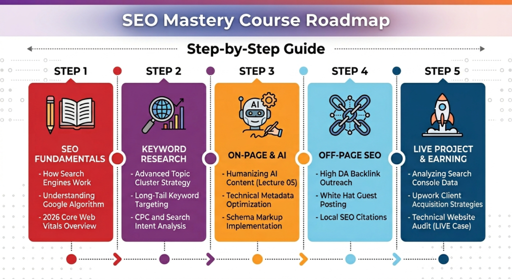 A professional 5-step SEO course roadmap for Research Skill Center covering fundamentals, keyword research, on-page AI, off-page, and live projects.