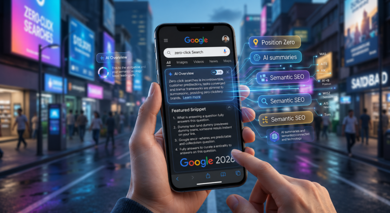 Holographic Google search results on a phone in a futuristic city, showing a Featured Snippet and labels for "Zero-Click Search," "AI summaries," and "Position Zero."