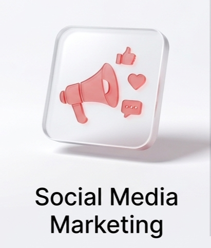 3D glassmorphism icon of a red megaphone with social media engagement symbols like heart and like icons.