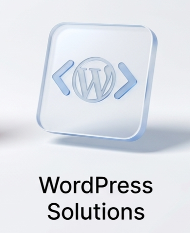 3D frosted glass WordPress icon with blue coding brackets for professional web development services.