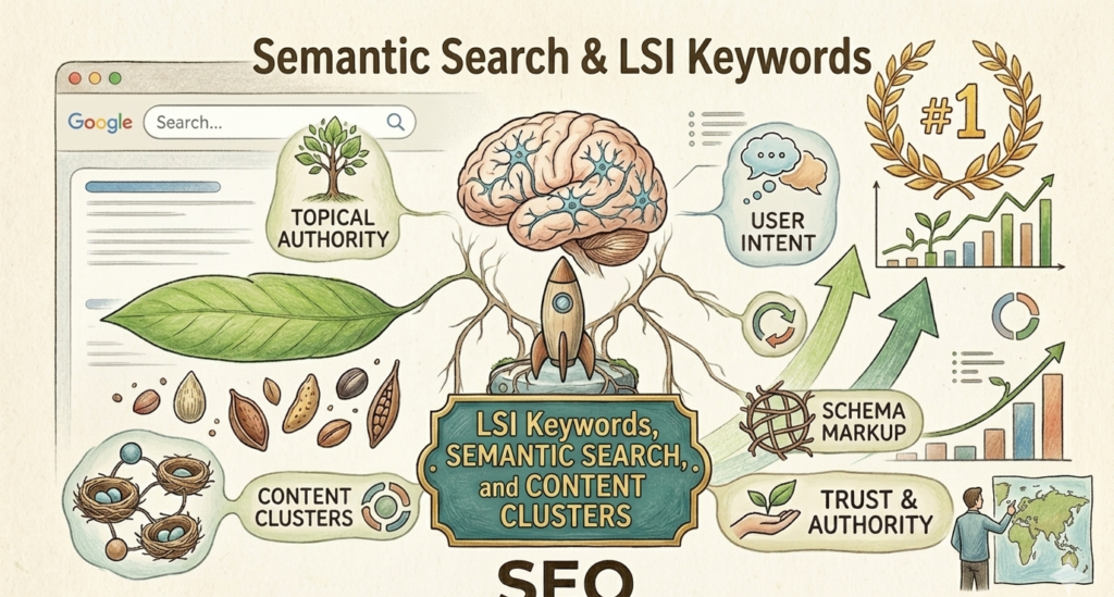 A professional infographic showing advanced semantic SEO concepts including LSI keywords, topical authority, and content clusters for ranking without backlinks.