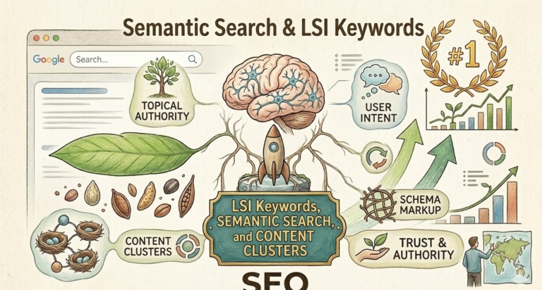 A professional infographic showing advanced semantic SEO concepts including LSI keywords, topical authority, and content clusters for ranking without backlinks.