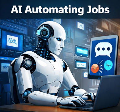 AI automating jobs showing a robot working on a laptop, representing artificial intelligence replacing human tasks and digital automation.