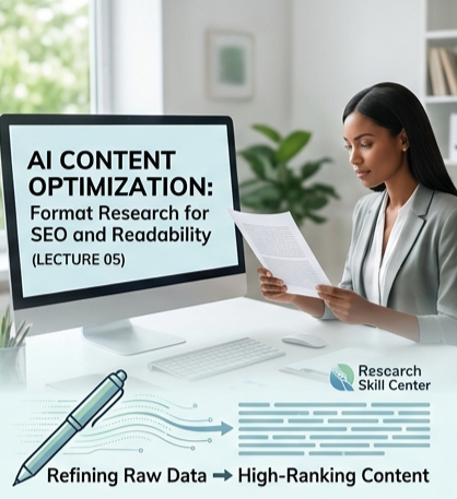 Female student at desk using a stylus to direct a futuristic AI robot figure in a university library, featuring Lecture 5title.