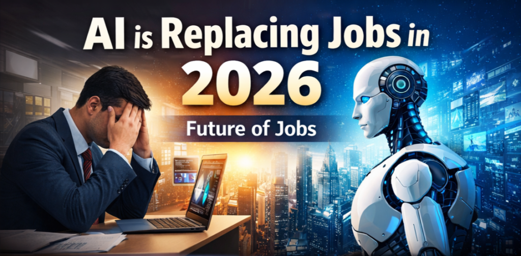 AI replacing jobs in 2026 showing a stressed office worker and a humanoid robot facing each other, representing job loss, automation, and future of work.