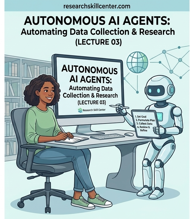 Female student at modern desk using a stylus to direct a futuristic AI robot figure in a university library, featuring Lecture 03 title.