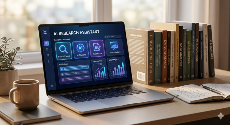 A modern study desk with a laptop showing an AI Research Assistant dashboard and academic books for students.