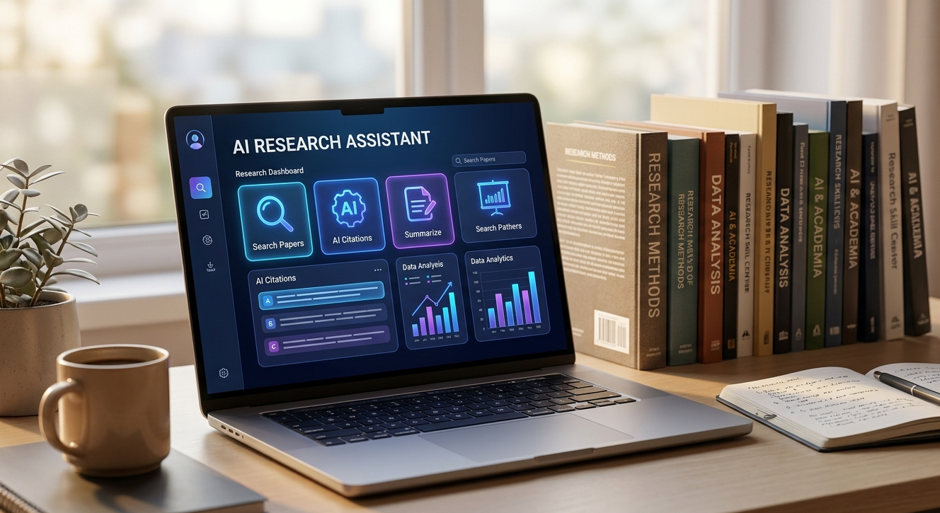 A modern study desk with a laptop showing an AI Research Assistant dashboard and academic books for students.