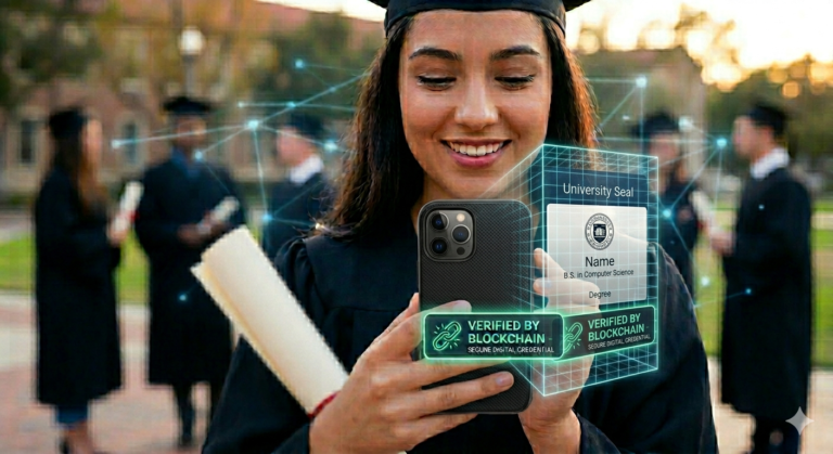 A student smiling and holding a smartphone that projects a floating 3D grid of their secure, blockchain-verified digital degree.
