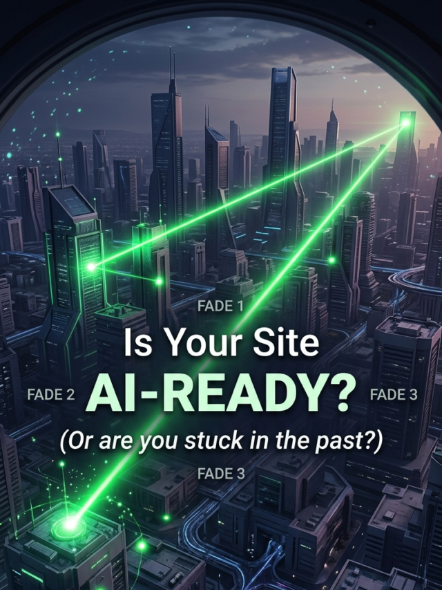 A futuristic digital city view through a circular portal, featuring bright green laser beams scanning skyscrapers with the text "Is Your Site AI-READY? (Or are you stuck in the past?)" centered in bold white lettering.
