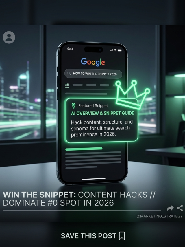 A high-end Instagram post showing a futuristic smartphone on a dark desk. The screen displays a Google Search for "How to Win the Snippet 2026" with a glowing neon green "AI Overview" box and a crown icon. The text reads "Win the Snippet: Content Hacks // Dominate #0 Spot in 2026."