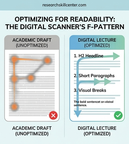 Side-by-side comparison diagram showing an dense academic text vs an optimized digital lecture, showing the F-pattern reading path.