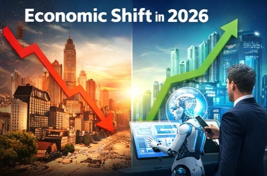 Economic shift in 2026 showing decline and growth arrows with AI technology impacting business, jobs, and future economy.