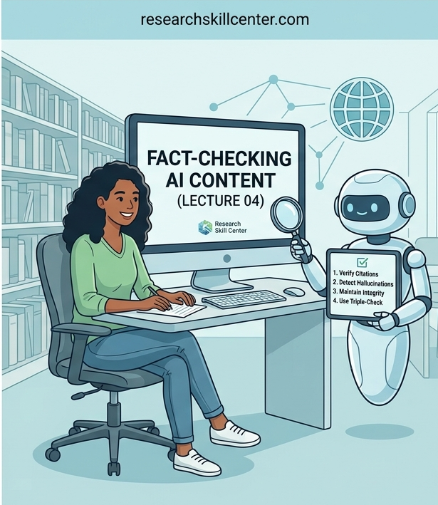 Female student at modern desk using a stylus to direct a futuristic AI robot figure in a university library, featuring Lecture 04 title.