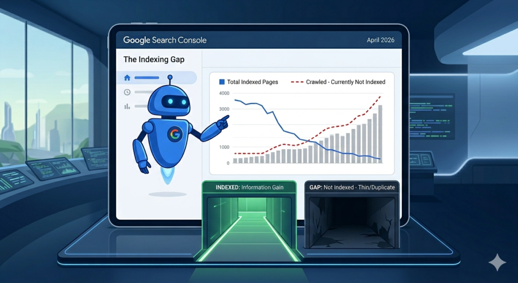 A conceptual visual illustrating "The Indexing Gap" in 2026, showing a Google bot pointing to a chart where "Crawled - Currently Not Indexed" data spikes while "Total Indexed Pages" decline, highlighting the difference between a high "Information Gain" path and a low-value "Gap" path.