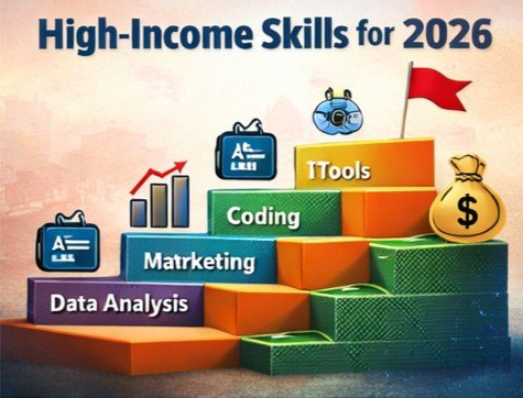 High income skills for 2026 including data analysis, marketing, coding, and AI tools illustrated with growth steps and money icon.