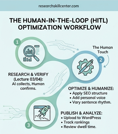 A diagram detailing the Human-in-the-Loop optimization workflow, showing steps from AI research collection to publishing and analysis.