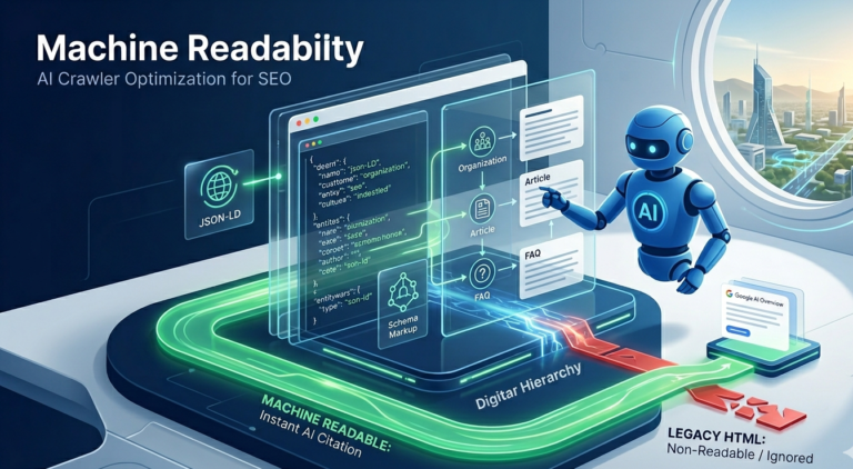 A conceptual visual of an advanced AI crawler actively scanning a clear, structured website architecture in April 2026, highlighting the smooth "Machine Readable" data flow and efficient entity recognition that results in a Google AI Overview citation.
