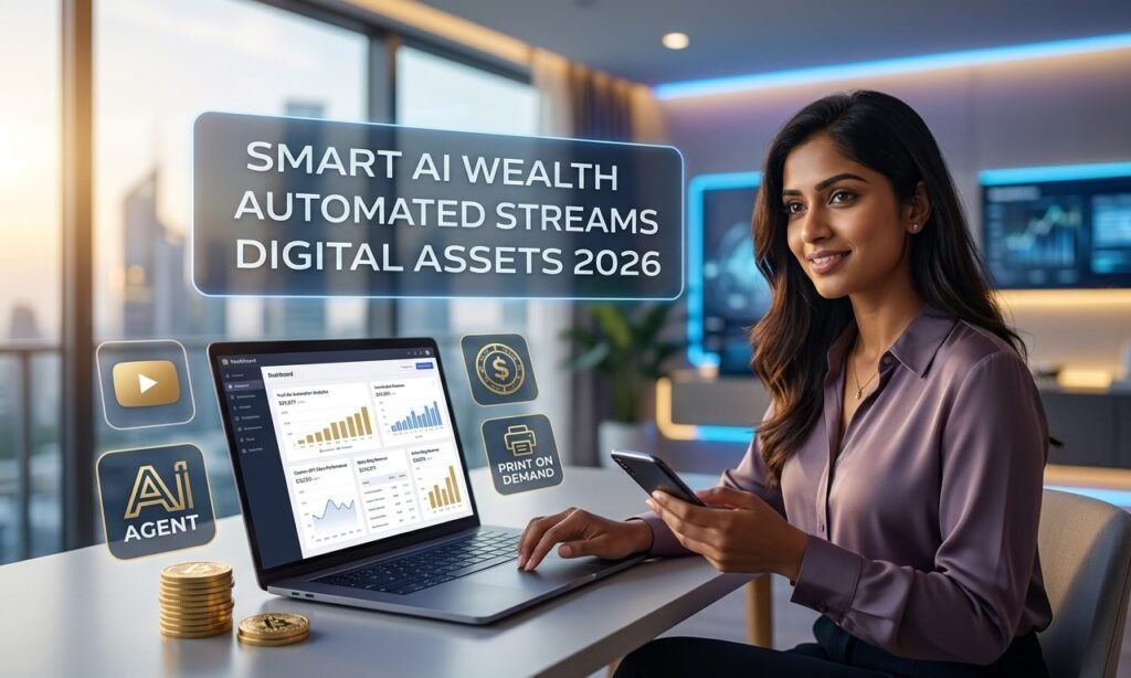 A professional woman in a modern 2026 office using a laptop and smartphone to manage AI-driven passive income streams like YouTube automation and digital assets.