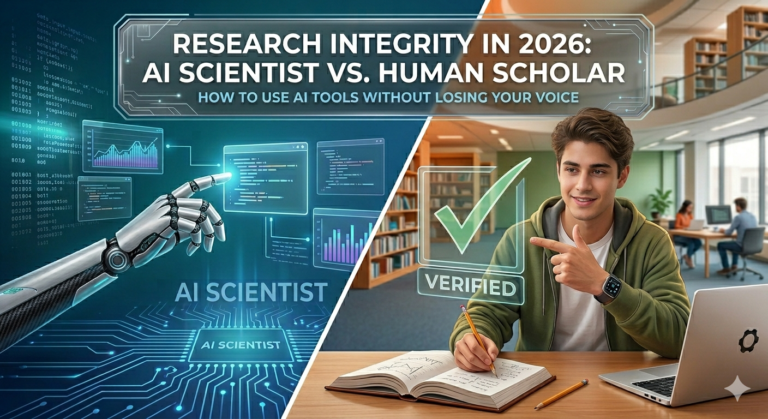 A split-screen comparison showing a robotic hand interacting with digital data and a human researcher using a laptop to verify academic research integrity in 2026.