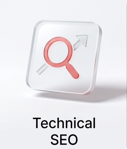 Minimalist 3D glass icon of a magnifying glass and rising arrow representing technical SEO and website ranking growth.