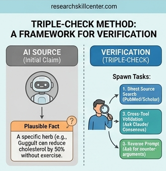 Side-by-side comparison diagram showing a robotic fact-generation claim versus a detailed, human-led triple-check verification framework.