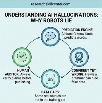 Circular flowchart detailing the four step workflow explaining AI hallucinations: Prediction Engine, Confident but Wrong, Data Gaps, and Human Auditor.