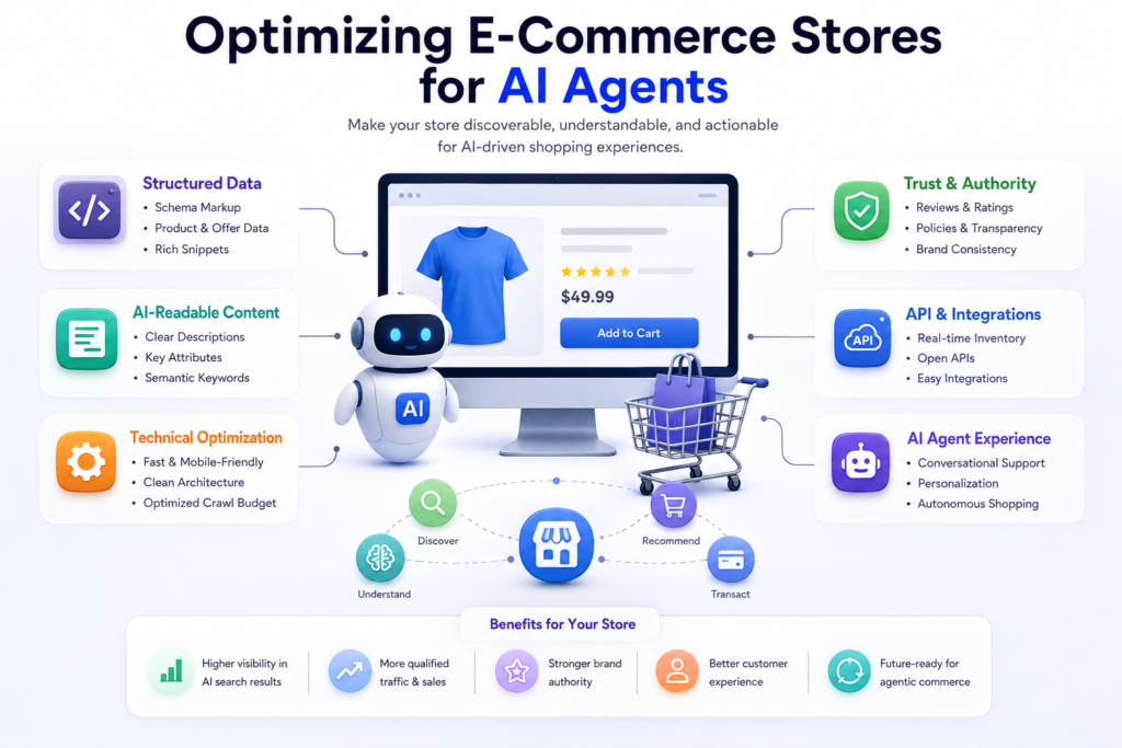Infographic showing how to optimize e-commerce stores for AI agents using structured data, AI-readable content, APIs, trust signals, and technical SEO to improve visibility in AI search, conversational commerce, and autonomous shopping experiences.