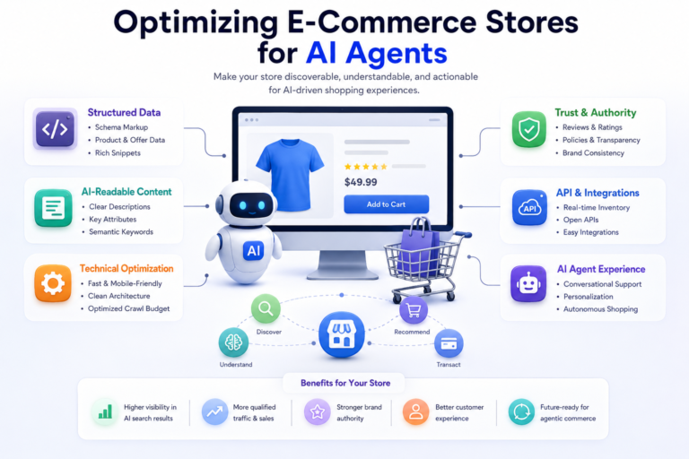 Infographic showing how to optimize e-commerce stores for AI agents using structured data, AI-readable content, APIs, trust signals, and technical SEO to improve visibility in AI search, conversational commerce, and autonomous shopping experiences.